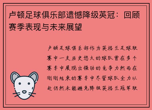 卢顿足球俱乐部遗憾降级英冠：回顾赛季表现与未来展望